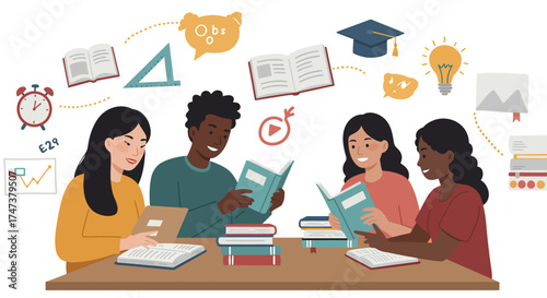 Diverse students study together at a table surrounded by floating educational icons