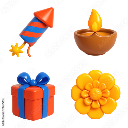 3D Plastic Icon Style Diwali Celebration Elements Fireworks Flame Oil Lamp Gift and Flower Isolated on Transparent Background
