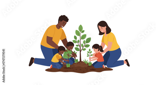 Planting a Tree Family Planting Sapling Together in Garden for Green Environment and Sustainability