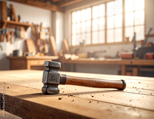 Wooden hammer on a workbench in a sunny workshop