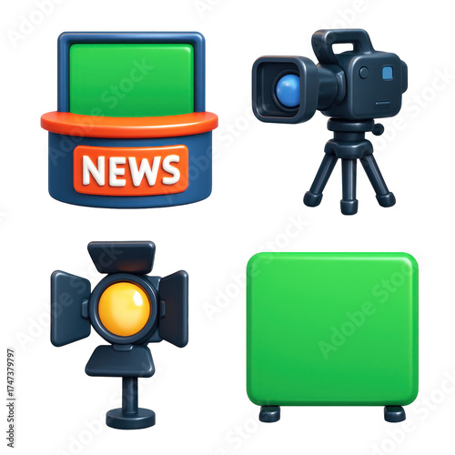 3D Plastic Icon Style News Media Television Broadcast Studio Set Elements Illustration On Transparent Background