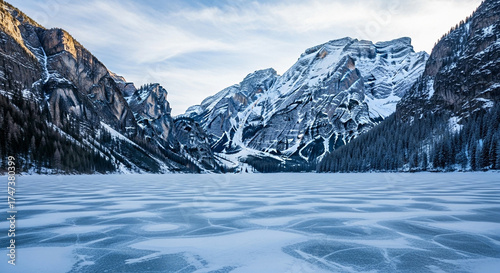 A frozen lake is surrounded by snowcovered mountains under a cloudy sky, creating a serene and majestic winter landscape in the italian dolomites