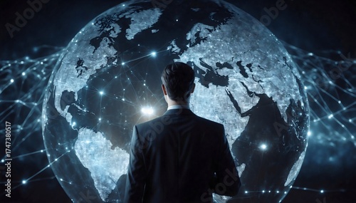 A visionary entrepreneur gazes upon the global expanse, envisioning the interconnected future of technology and innovation