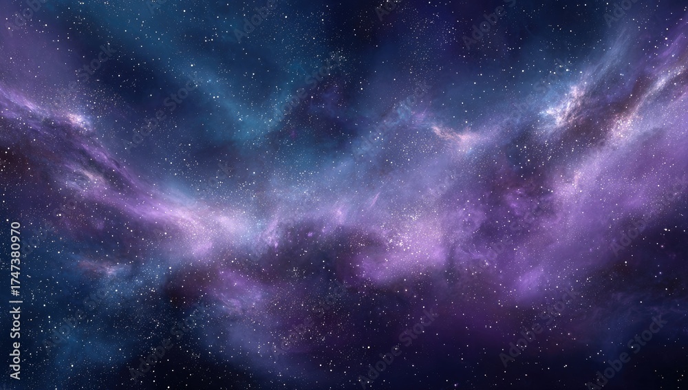 Fototapeta premium Deep space nebula with vibrant purple and blue clouds and scattered stars abstract background