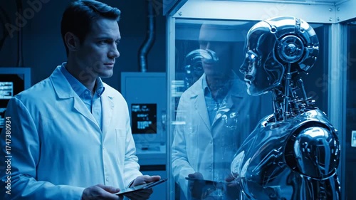 Scientist interacts with advanced humanoid robot in futuristic laboratory setting.
