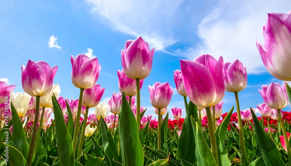 Fototapeta premium Vibrant pink and white tulips in a field against a partly cloudy sky