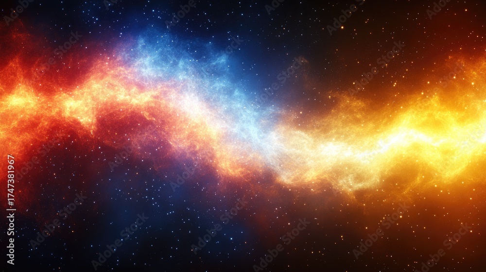 Naklejka premium Fiery Orange and Cool Blue Nebula Swirls Intertwined Amidst a Starry Expanse space galaxy