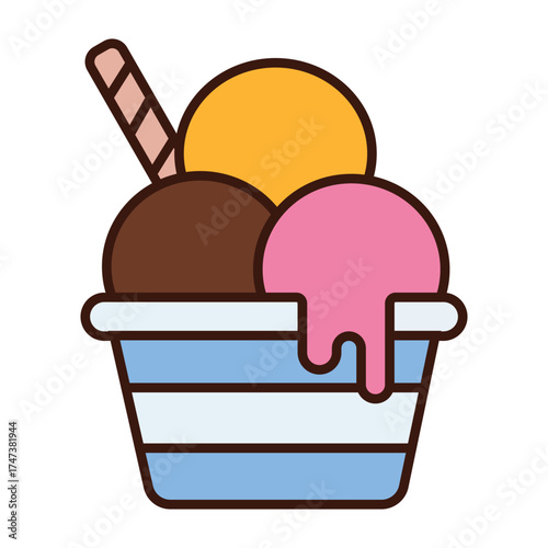 Colorful Ice Cream Sundae in Bowl with wafer roll Vector Illustration