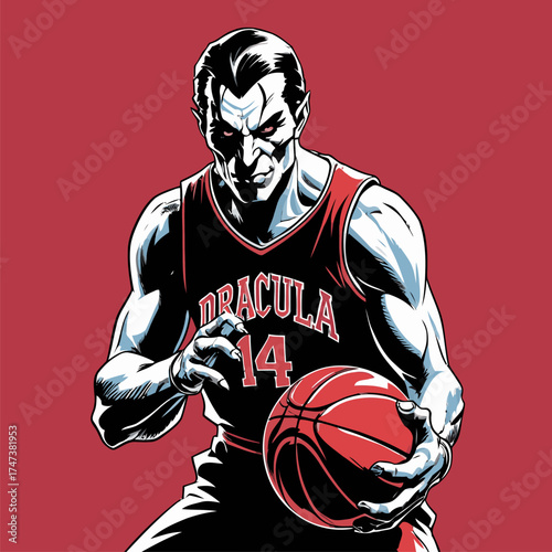 vector illustration of Dracula playing basketball
