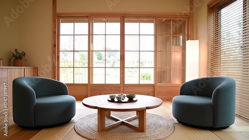 Wallpaper Mural Minimalist Japanese Interior with Teacups and Armchairs Torontodigital.ca