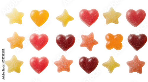 Assorted gummy candies in star and heart shapes isolated on transparent background