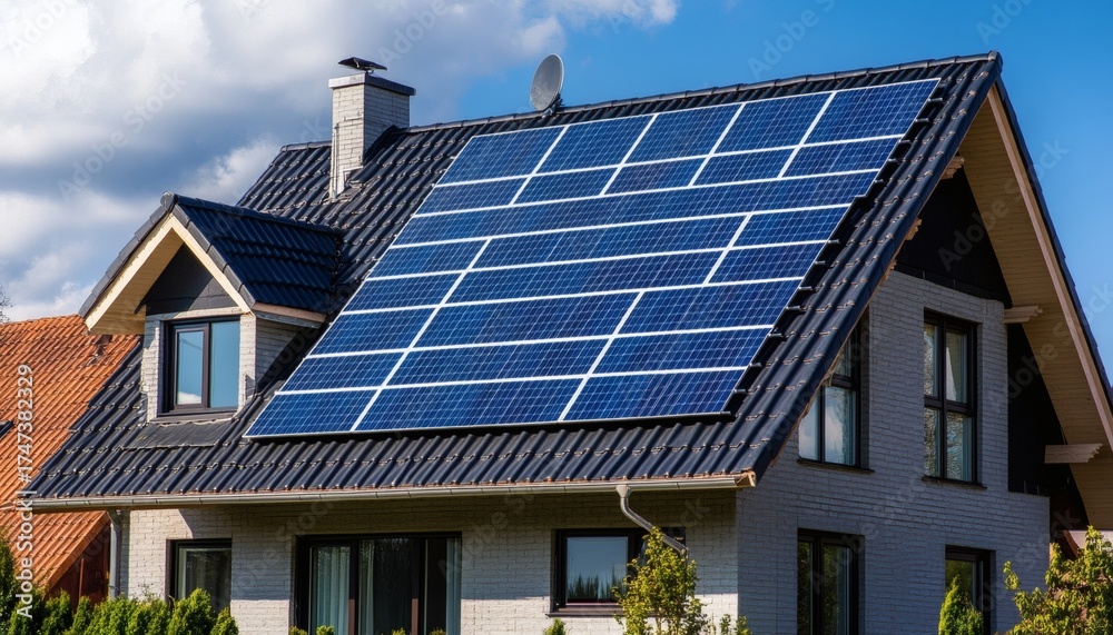 Fototapeta premium A modern house features solar panels installed on its dark gray tiled roof, complementing the light gray brick exterior.