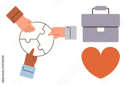 Hands connecting puzzle pieces, briefcase and heart convey teamwork, problem-solving, business, partnership, collaboration, career, and empathy. Ideal for workplace harmony growth simple flat