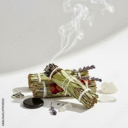 Beautifully arranged bundles of sage releasing smoke with crystals and charms on a simple white background