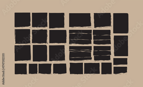 Abstract black squares with textured edges on a beige background