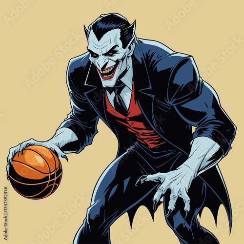 vector illustration of Dracula playing basketball
