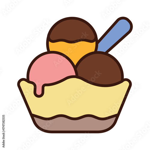 Colorful Ice Cream Sundae in Bowl with blue Stick Vector Illustration