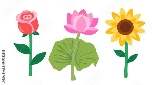 Beautiful flower collection in flat cute style featuring rose, lotus, and sunflower for botanical design projects.