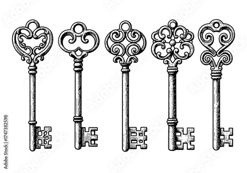 Victorian key collection vintage illustration. Medieval Gothic locks set. Vector keys in engraving