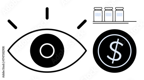 Open eye, currency sign, and vaccine vials on a shelf represent healthcare access, cost analysis, vaccine pricing, public health, and decision-making. Ideal for medical, finance awareness