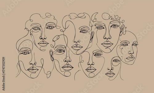 Abstract line art faces collage on neutral background