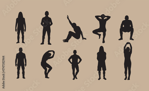 Diverse silhouettes of people in various poses against a neutral background