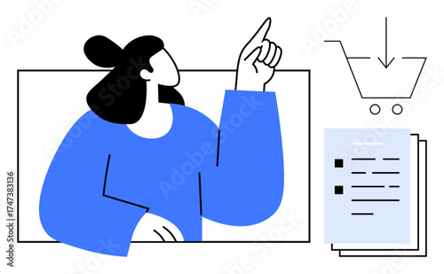 Woman gesturing toward a shopping cart icon and document papers symbolizing e-commerce, online agreements, and digital orders. Ideal for e-commerce, online shopping, instructions, agreement