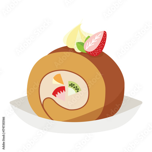 Delicious cocholate Roll Cake with Cream and Strawberry Decoration Vector