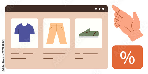 Online store page with shirt, pants, and shoes, a pointing hand, and a discount badge. Ideal for e-commerce, retail, marketing sales promotions shopping digital convenience. Simple flat metaphor