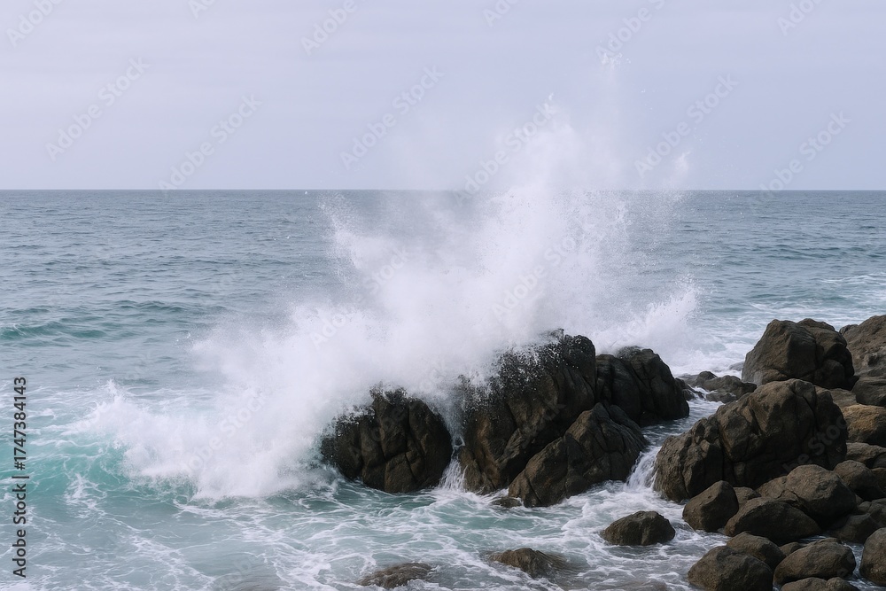Fototapeta premium Ocean Wave Crashing on Coastal Rocks Creating Dramatic Spray on a Cloudy Day