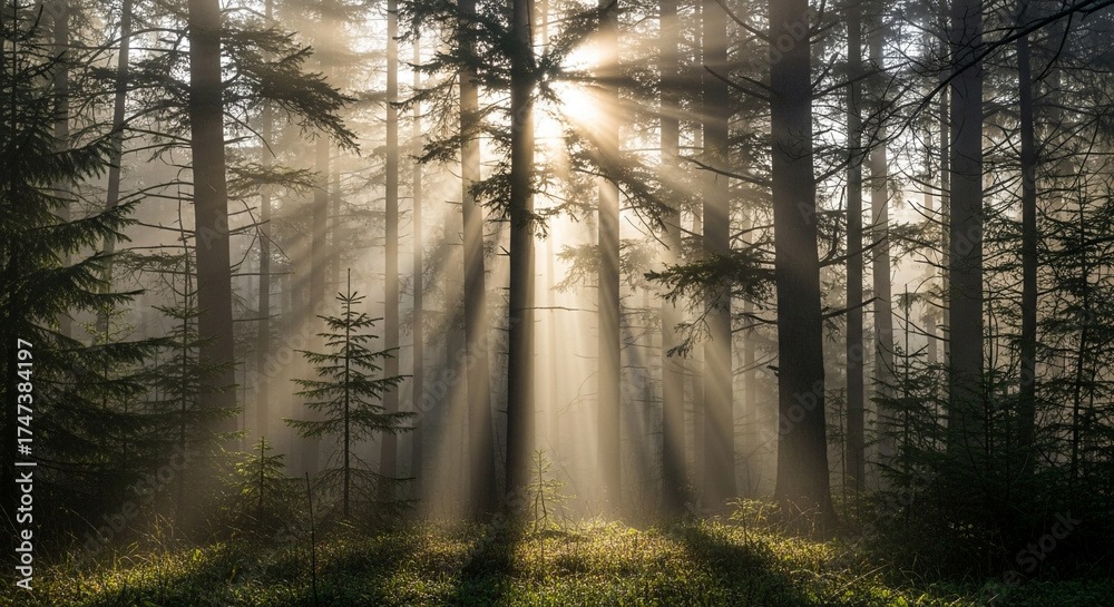 Fototapeta premium Sunlight streaming through the trees in a dense forest, creating a magical and ethereal atmosphere, with rays of light piercing through the canopy