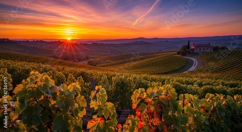 Golden hour paints a breathtaking panorama over the tuscan vineyards, with the sun casting a warm glow on the rolling hills and charming farmhouse
