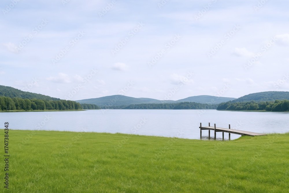 Obraz premium Serene Lake Landscape with Green Meadow and Distant Hills Under a Clear Sky