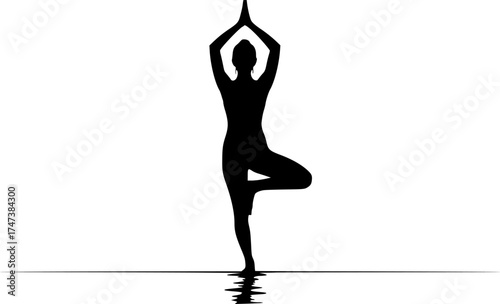 Yoga silhouette of woman on beach at sunrise with reflection — mindfulness, health, and balance lifestyle image