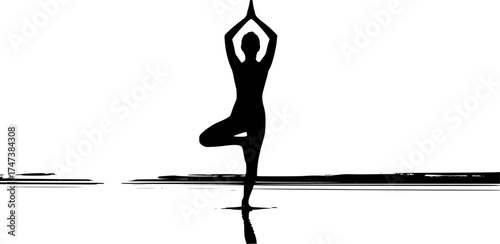 Yoga silhouette of woman on beach at sunrise with reflection — mindfulness, health, and balance lifestyle image