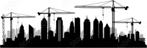 City skyline silhouette with cranes and skyscrapers at sunset — industrial urban growth and architecture background