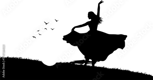 Elegant woman silhouette dancing on hill at sunset with flowing dress and colorful sky for lifestyle and design backgrounds