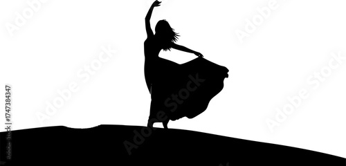 Elegant woman silhouette dancing on hill at sunset with flowing dress and colorful sky for lifestyle and design backgrounds