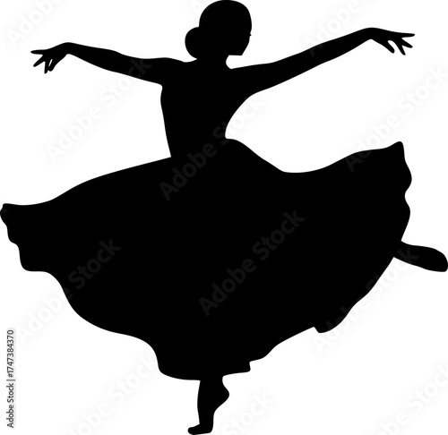 Elegant woman silhouette dancing on hill at sunset with flowing dress and colorful sky for lifestyle and design backgrounds