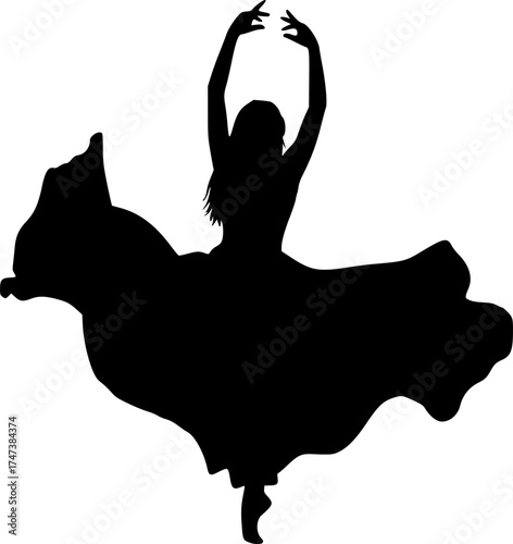 Elegant woman silhouette dancing on hill at sunset with flowing dress and colorful sky for lifestyle and design backgrounds