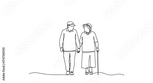 Vector continuous line drawing depicts an elderly couple holding hands and walking together peacefully