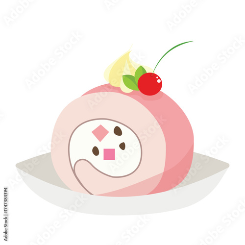 Delicious Stawberry Roll Cake with Cream and Strawberry Decoration Vector