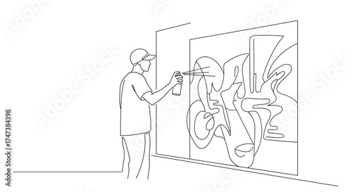 Vector line drawing of a person spraying graffiti art on a wall with a can of spray paint in hand