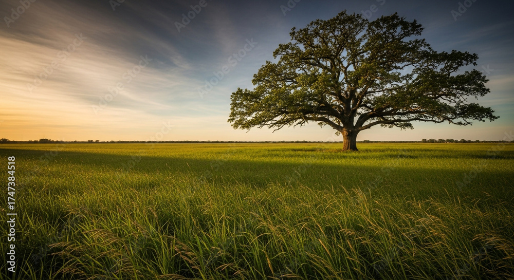 Fototapeta premium A lone tree in a field at sunset, with dramatic sky and golden light, evoking a sense of peace, solitude, and the beauty of the natural world