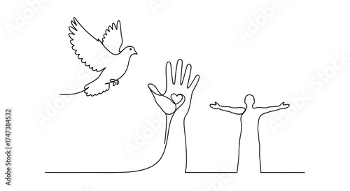Vector continuous line drawing of a dove, hands with a heart, and a person with arms outstretched