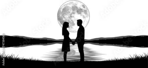 Romantic couple silhouette under moonlight near lake with reflection — cinematic love and night photography concept