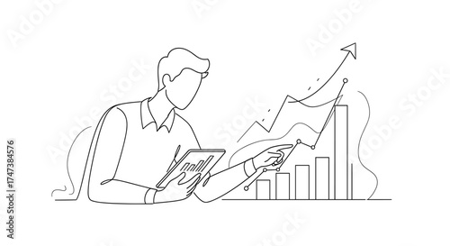 Vector illustration of person analyzing upward trending graph with tablet in hand and pointing at chart