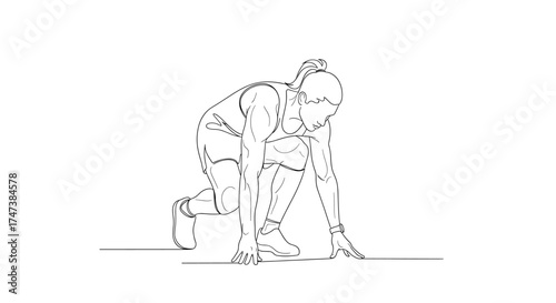 Vector single line drawing of a female athlete in starting position for a race, ready to sprint