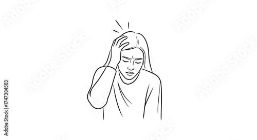 Vector line drawing of a woman with hand on head, eyes closed, and a worried expression showing pain