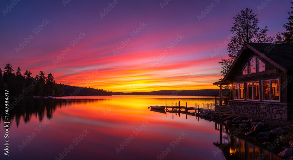 Fototapeta premium A picturesque lakeside cabin is bathed in the vibrant colors of a breathtaking sunset, with the sky ablaze in hues of pink, orange, and purple